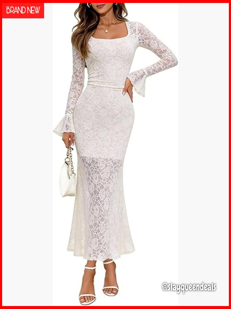 Bell Long Sleeve Lace Maxi Dress Bodycon Square Neck Wedding Guest Cocktail